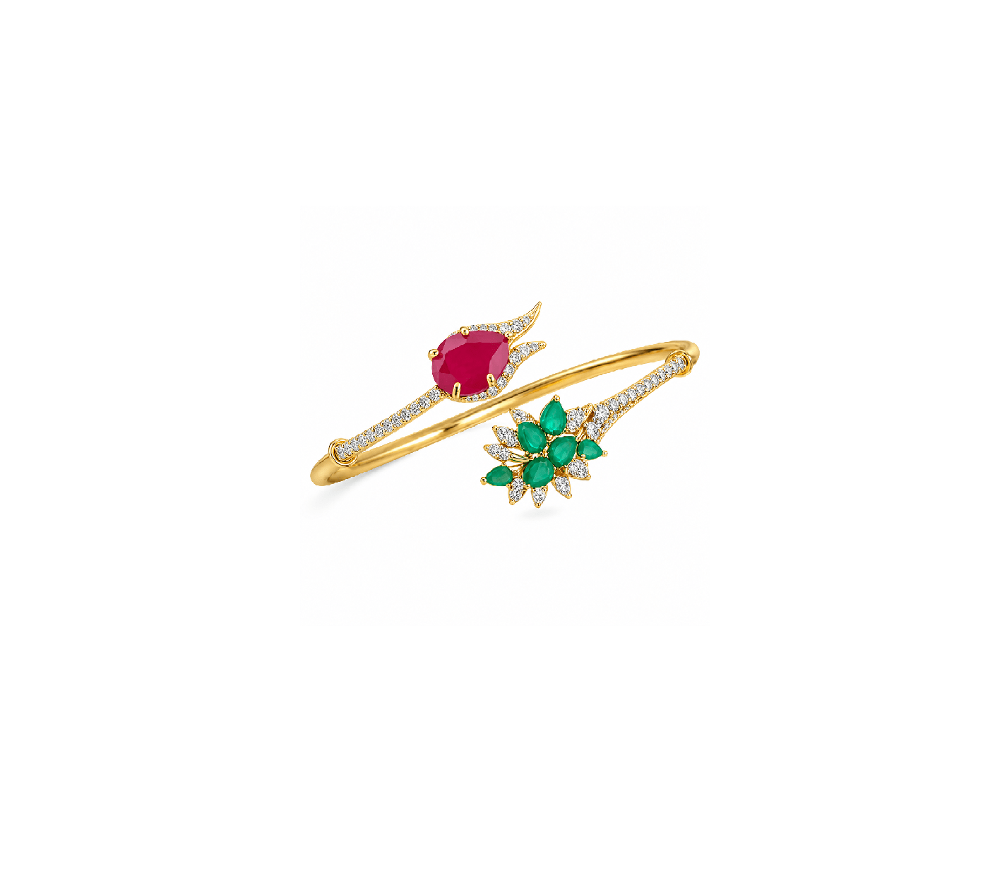 Designer White Gold Ruby & Emerald Floral Diamond Open Cuff Bangle
